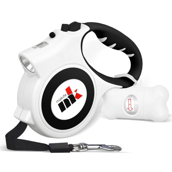 Retractable Dog Leash with Light 15 Poop Bags, Dispenser 16ft Extendable Dog Walking Leash for Small Dogs up to 55 lbs, Non-Slip Handle -White
