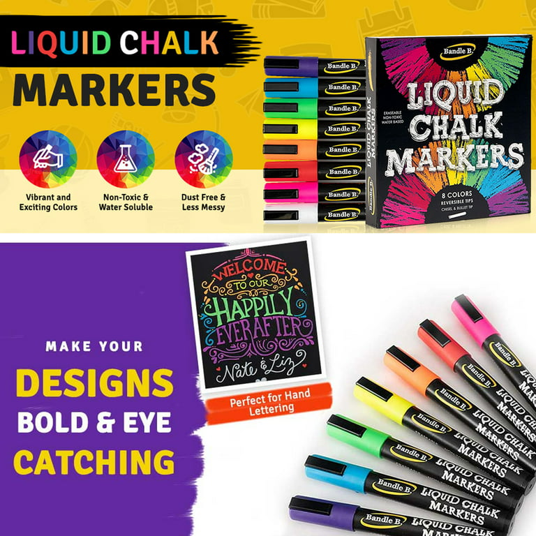 Bandle B. Chalk Markers Vibrant Liquid Chalk Pens for Chalkboard,  Whiteboard, Car Window 8 Pack