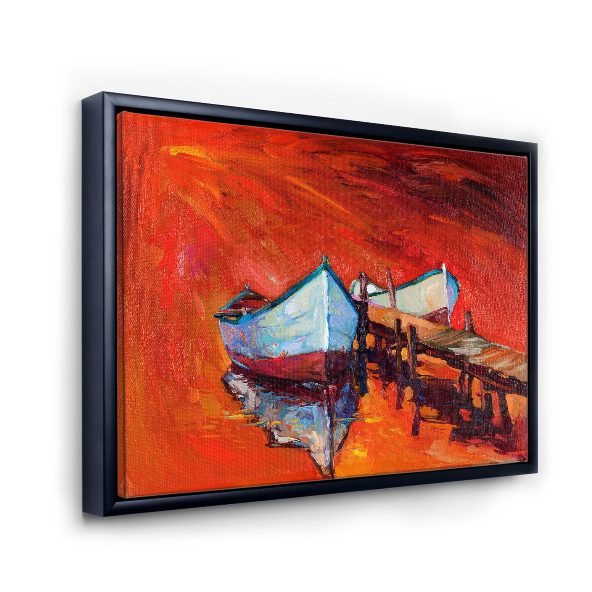Boats Near Coastal Town Resting On The Water IV 32 in x 24 in Framed Painting Canvas Art Print, by Designart