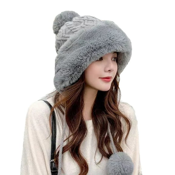 Grandest Birch Faux Fur Knitted Beanie Hat for Cold Weather Four Pompom Ball Cossack Skiing Furry Hat Winter Thicken Warm Hat ,Gift