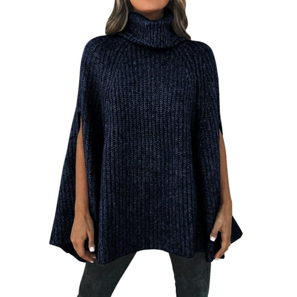 Gibobby Suéter de Mujer Mujer Otoño Invierno Cuello Poncho Suéter Moda Chunky Knit Cape Wrap Suéteres Jumper Tops (Turquí, M)