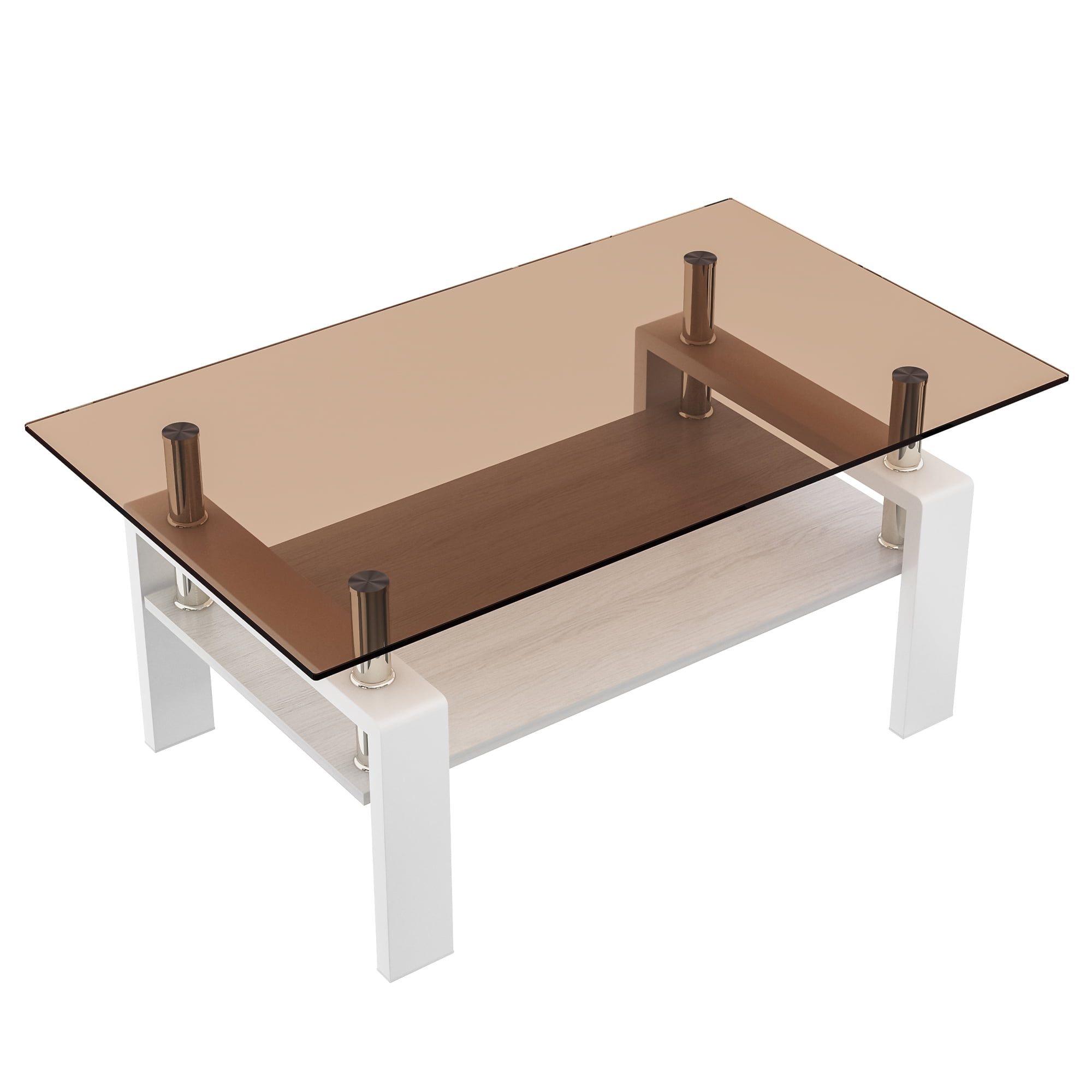 MAYEERTY Rectangle Coffee Table with Brown Tempered Glass & MDF Shelf
