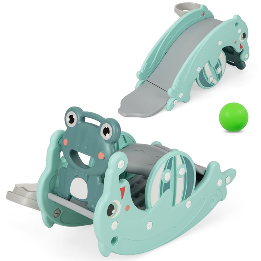 Spaco 3-in-1 Kids Slide Rocking Horse Set Convertible Toddler Slide with Basketball Hoop, Easy Set Up Playset for Indoor Outdoor Backyard, Safe Toy for kids, Green
