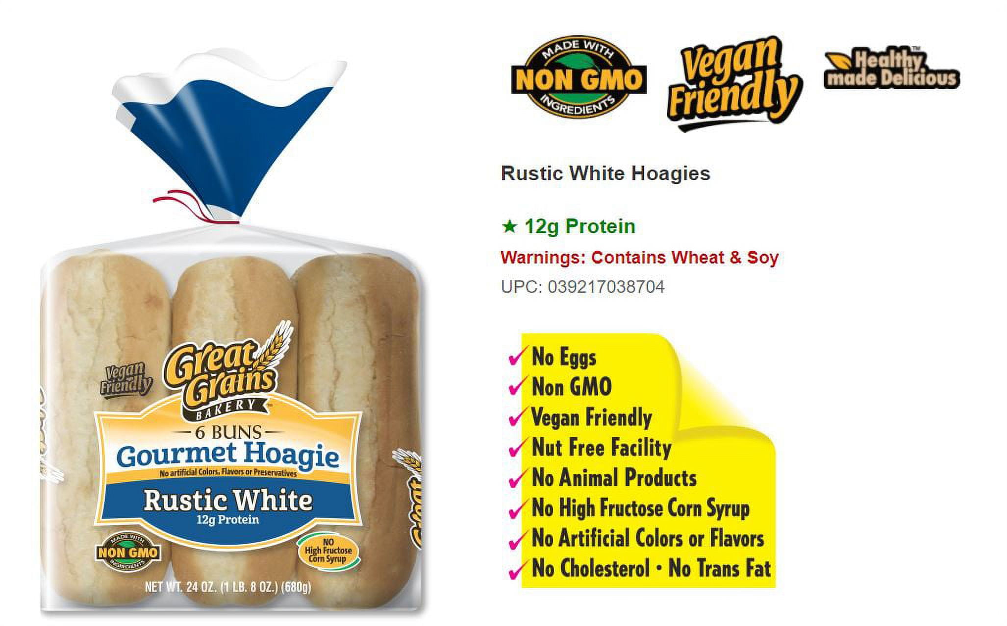 Great Grains Gourmet Hoagie Rustic White Buns, 6 Ct, 24 oz