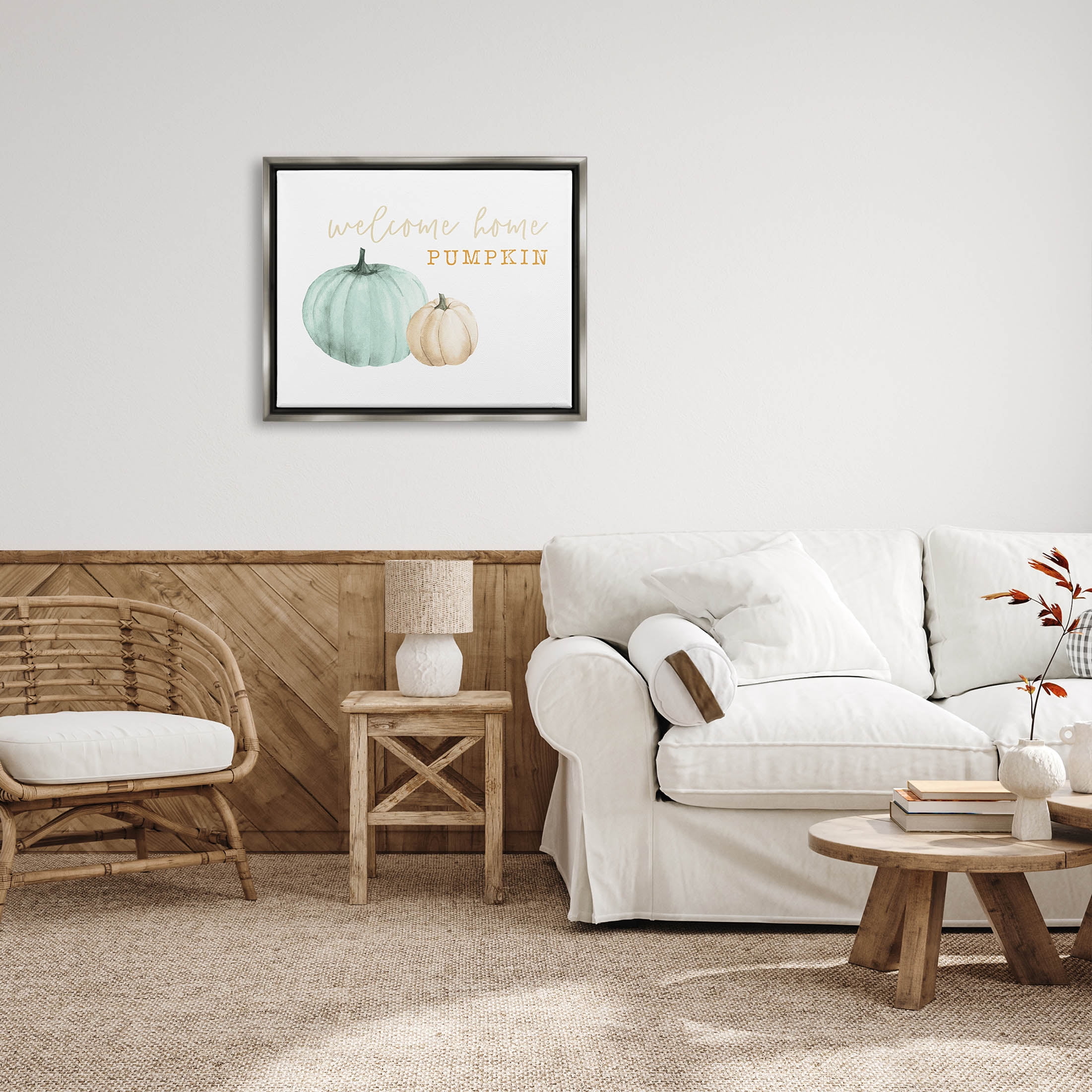 Stupell Industries Welcome Home Pumpkin Phrase Graphic Art Luster Gray Floating Framed Canvas Print Wall Art, Design by Dogwood Portfolio