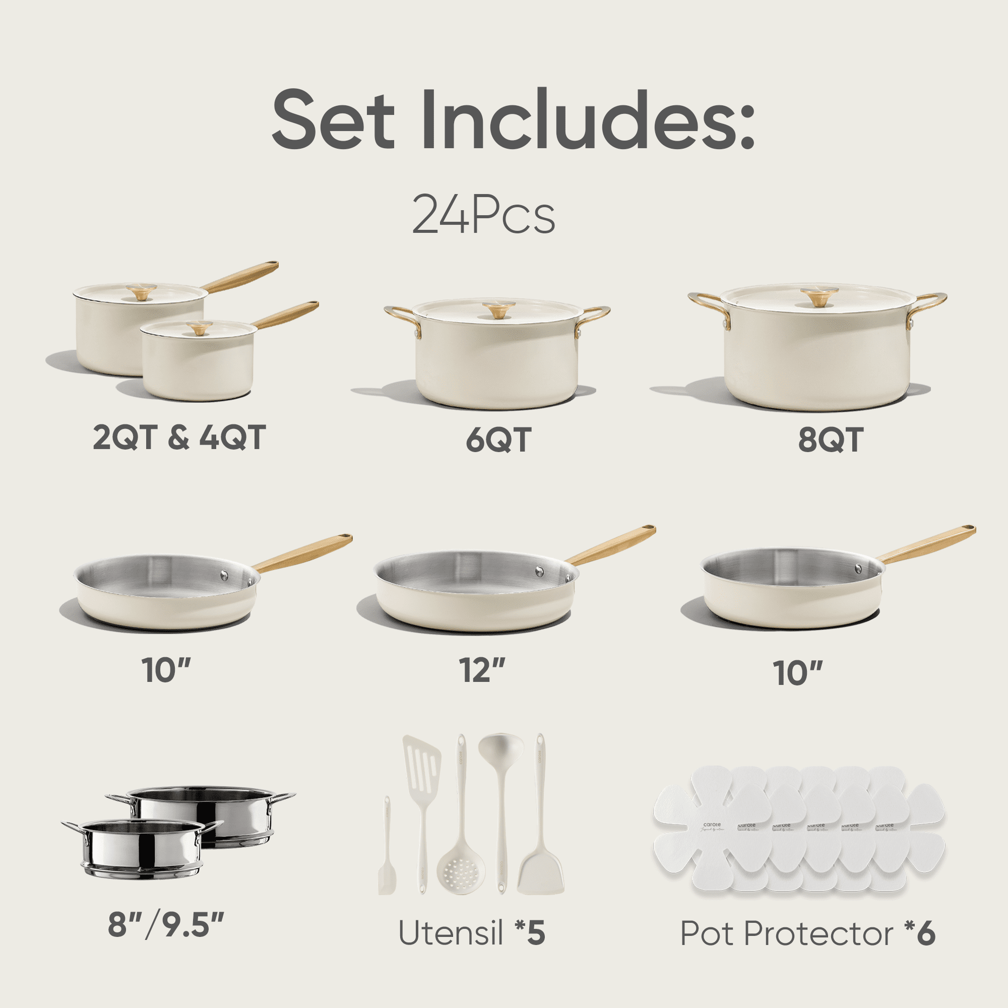 Carote 24-Piece Tri-Ply Stainless Steel Pots and Pans Set, Induction Compatible - White