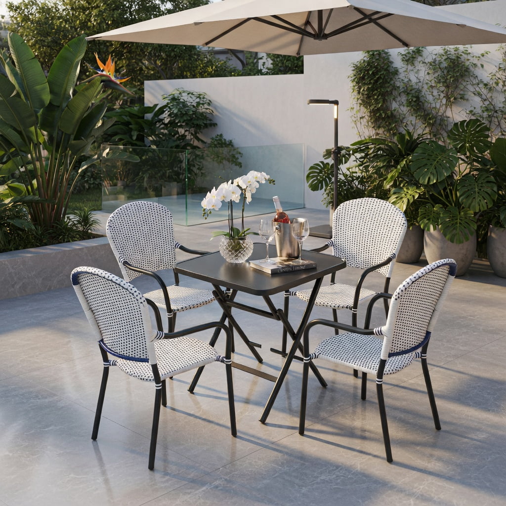 Hommoo 4-Pack Stackable Outdoor Dining Chairs, PE Rattan with Black Steel Frame, Weather-Resistant Patio Chairs for Garden, Poolside & Backyard, White