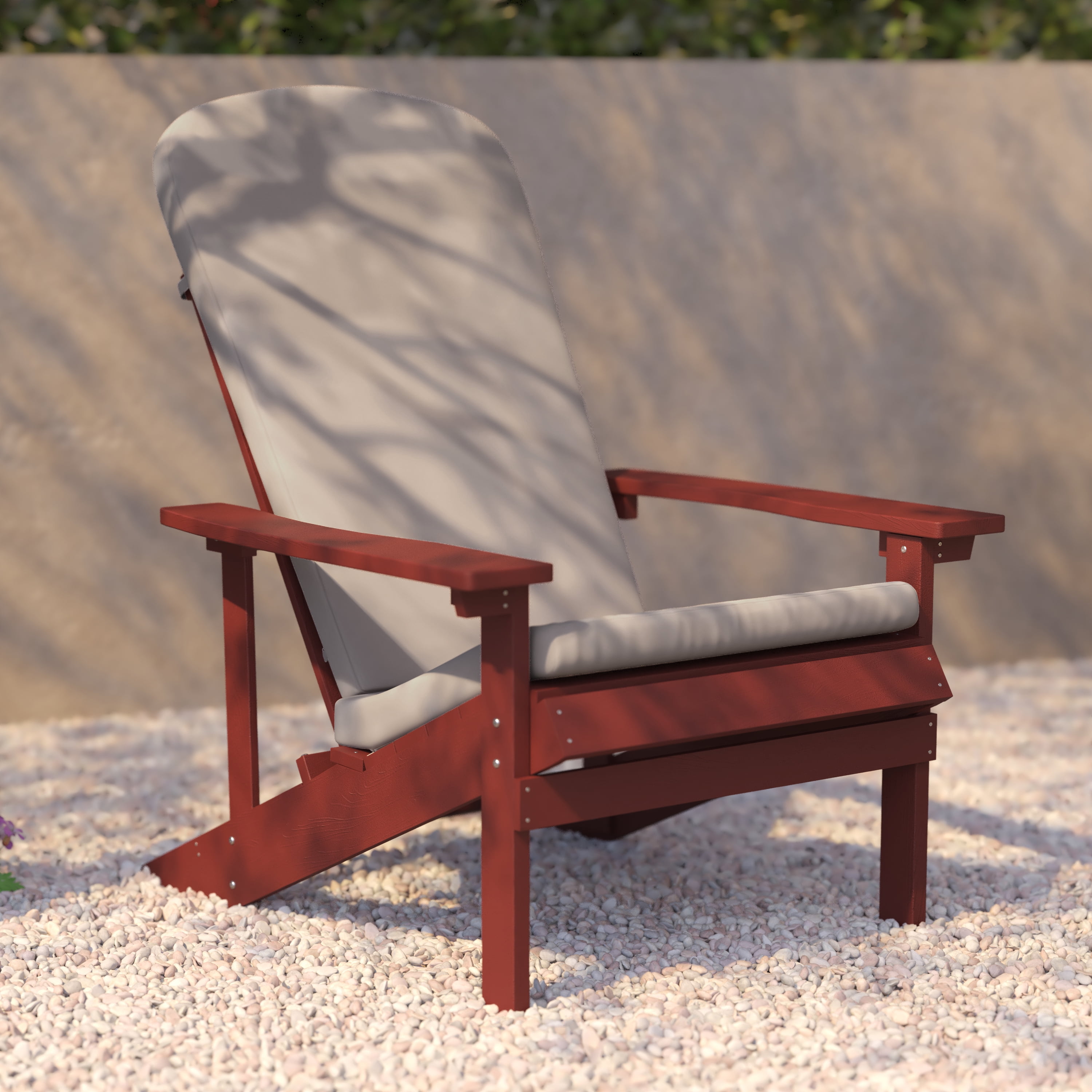 BizChair Set of 2 All-Weather Poly Resin Wood Adirondack Chairs in Red with Cream Cushions for Deck, Porch, and Patio