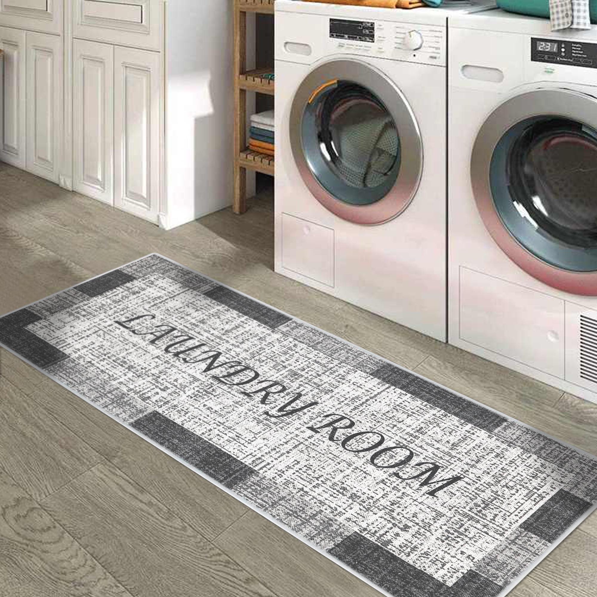 Laundry Room Runner Rug 20 X 59" Carpet Non Slip Rubber Orange Bluish Gray 