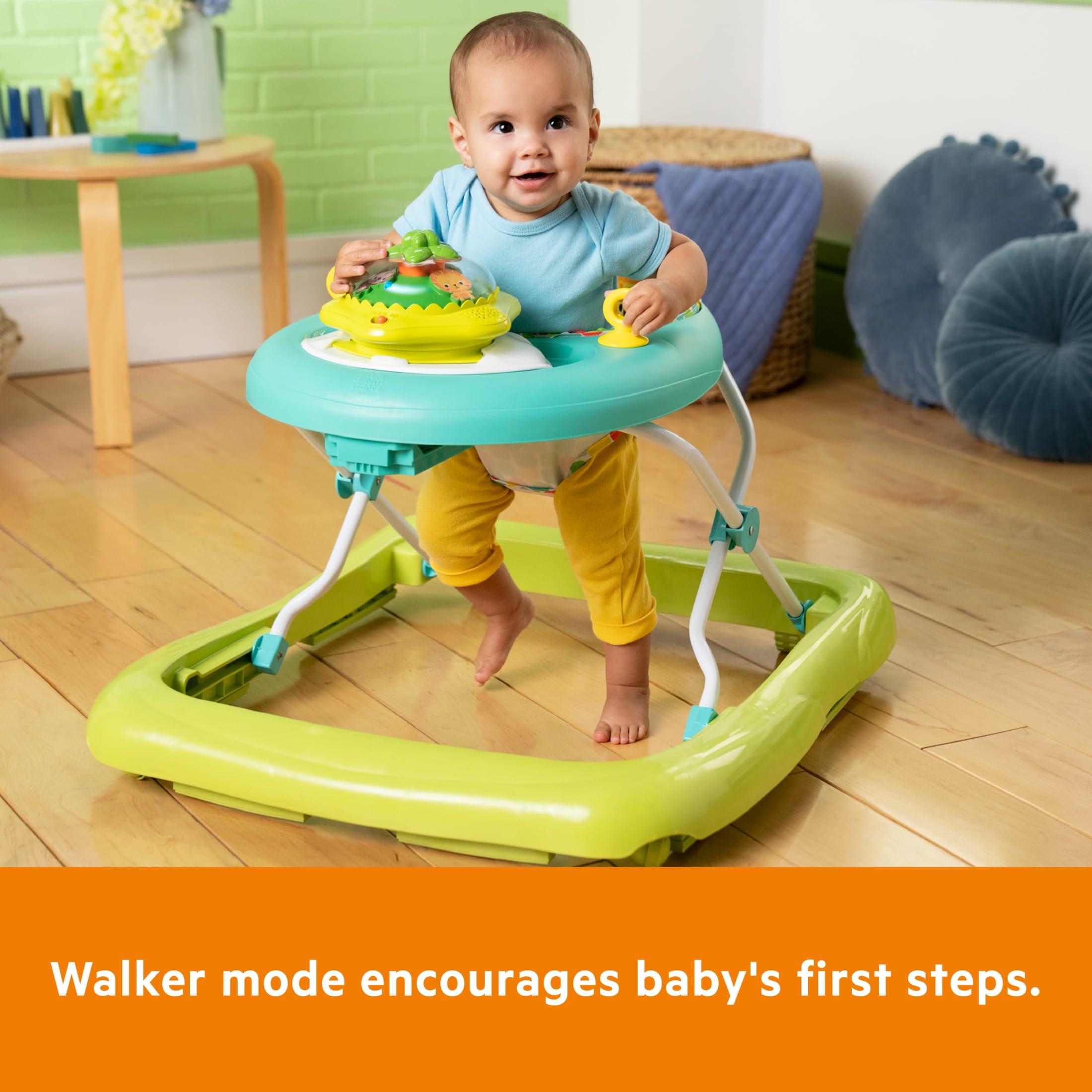 Bright Starts Wanderlights 2-in-1 Baby Walker for Infants, Blue, Green