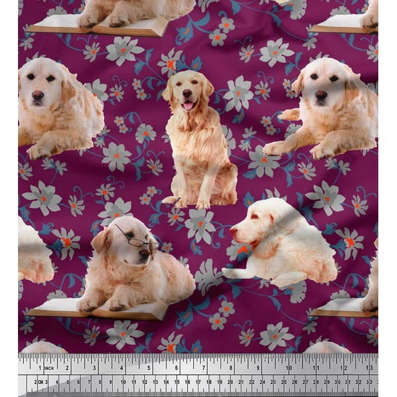 Soimoi Crepe Silk Fabric Floral,Book & Golden Retriever Dog Printed Fabric 1 Yard 42 Inch Wide