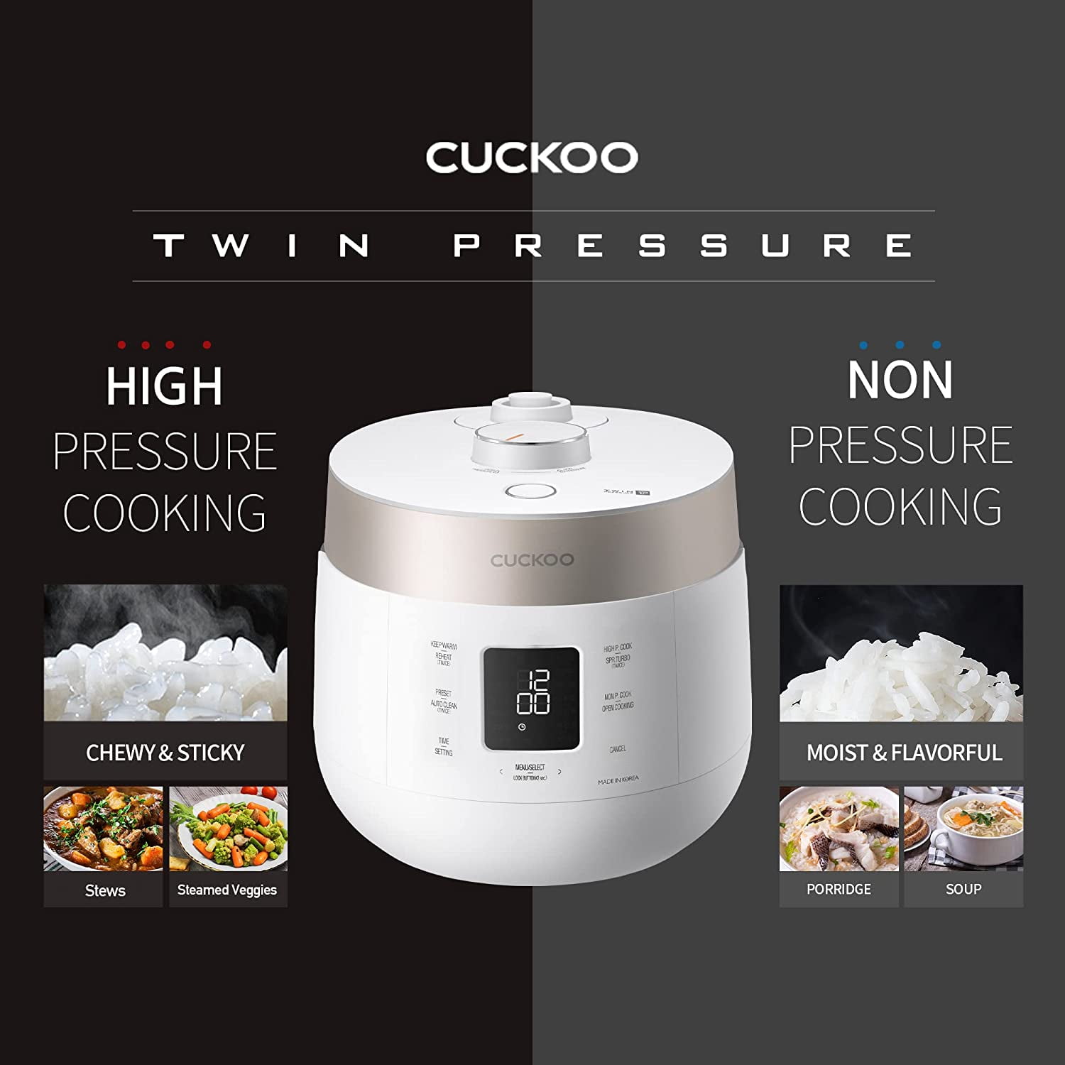 CUCKOO CRP-ST1009F | 10-Cup (Uncooked) Twin Pressure Rice Cooker & Warmer |  High/Non-Pressure Steam, Made in Korea | Gray