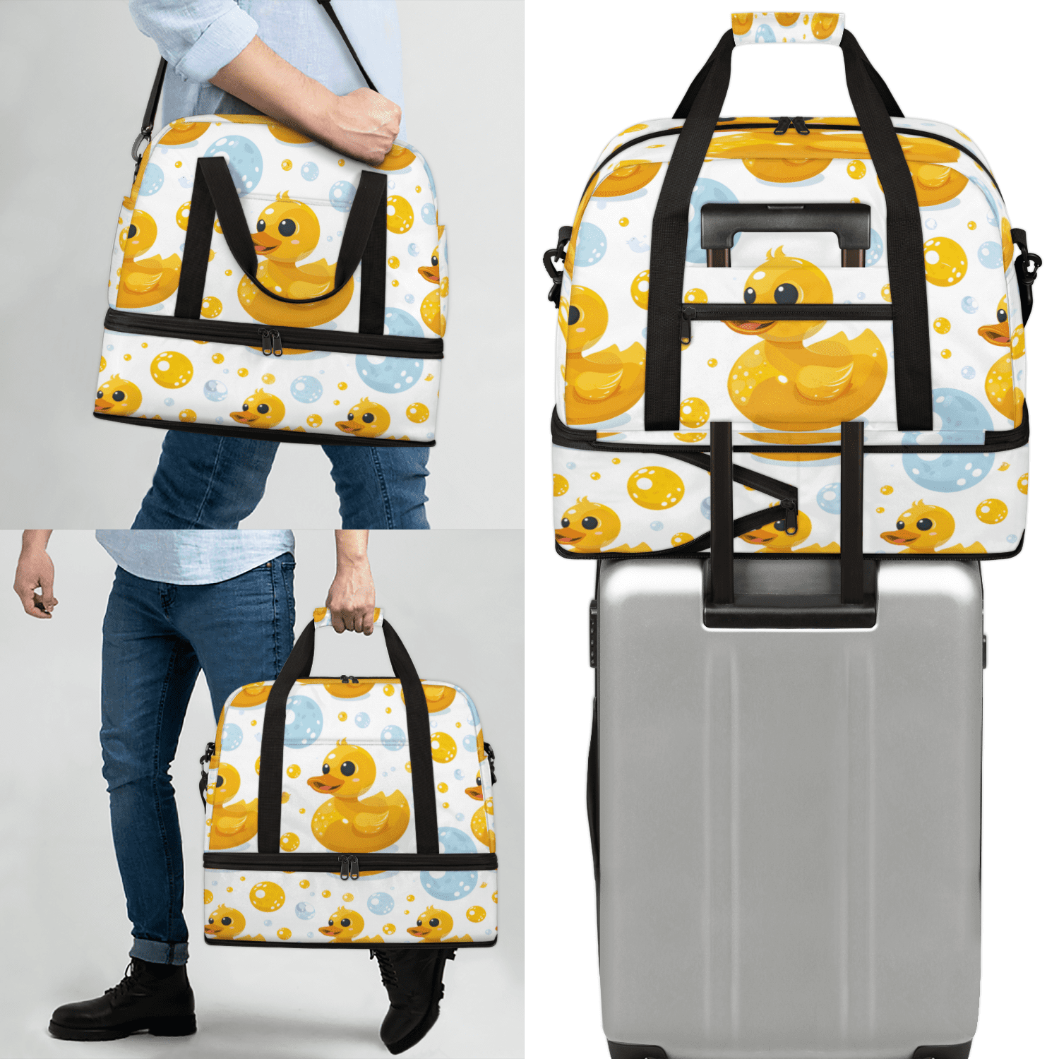 Herdesigns Rubber Duck Foldable Travel Duffel Bag for Women Men, Yellow Blue Bubble Weekend Overnight Carry On Bags with Shoe Compartment