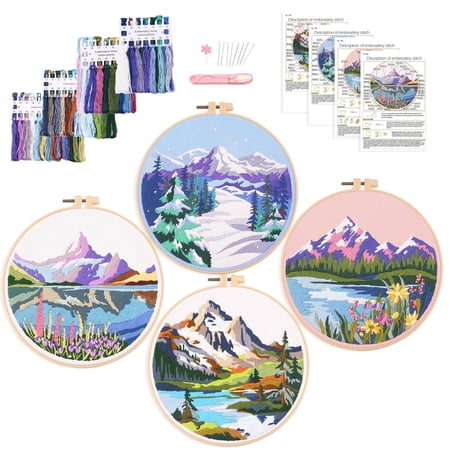 Adult Beginner Embroidery Starter Kit Complete Set with 4 Patterns 2 Hoops Needles Scissors Instruction Guide & Stitching Video Tutorials