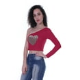 thumbnail image 3 of Moomaya Womens One Shoulder Full Sleeve Crop Top w/ Sequin Heart Motif Patch Party T-Shirt, 3 of 7