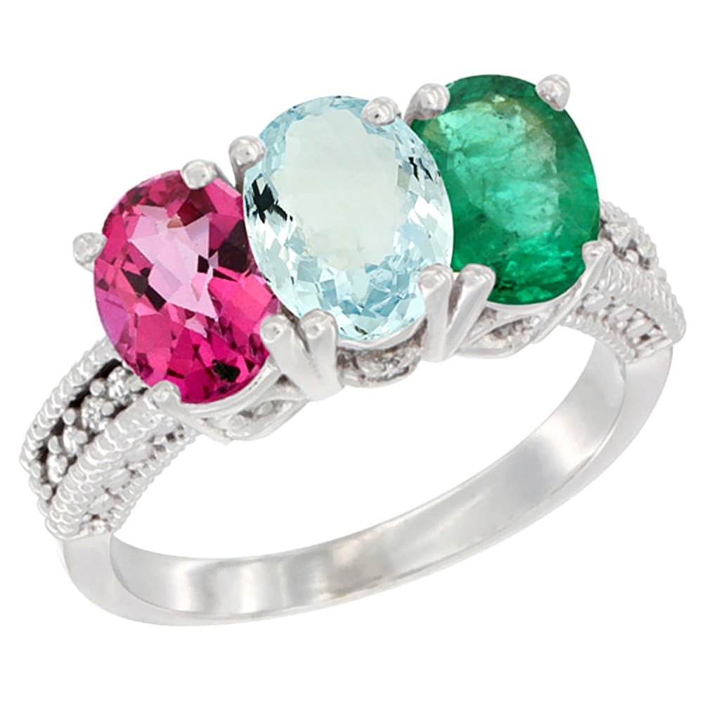 10K White Gold Natural Pink Topaz, Aquamarine & Emerald Ring 3-Stone Oval 7x5 mm Diamond Accent, sizes 5 10 by WorldJewels