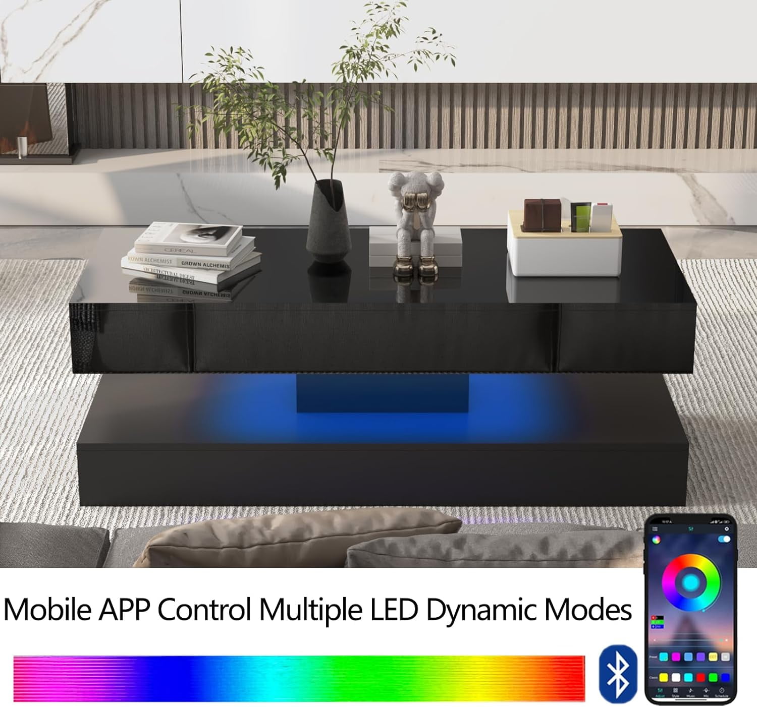 ChVans 47.3" High Glossy LED Coffee Table with 2 Sliding Storage Drawers, Living Room Coffee Table w/APP Control LED Lights, Modern Double-Layer Center Tables Large Furniture, Black