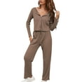 thumbnail image 5 of Women's Knit 2 Piece Outfit Long Sleeve Button V Neck Knit Pullover Sweater Top and Loose Long Pants Lounge Pajamas Sets, 5 of 5