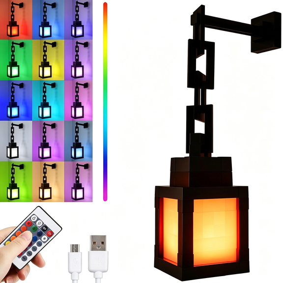 HIBIBUD Pixelated Lantern Led Night Light 16 Colors Rechargeable Led Lamp Remote Rechargeable Retro Table Wall Night Lamp Bedroom Gaming Kids Home Decoration Children Gifts Chain