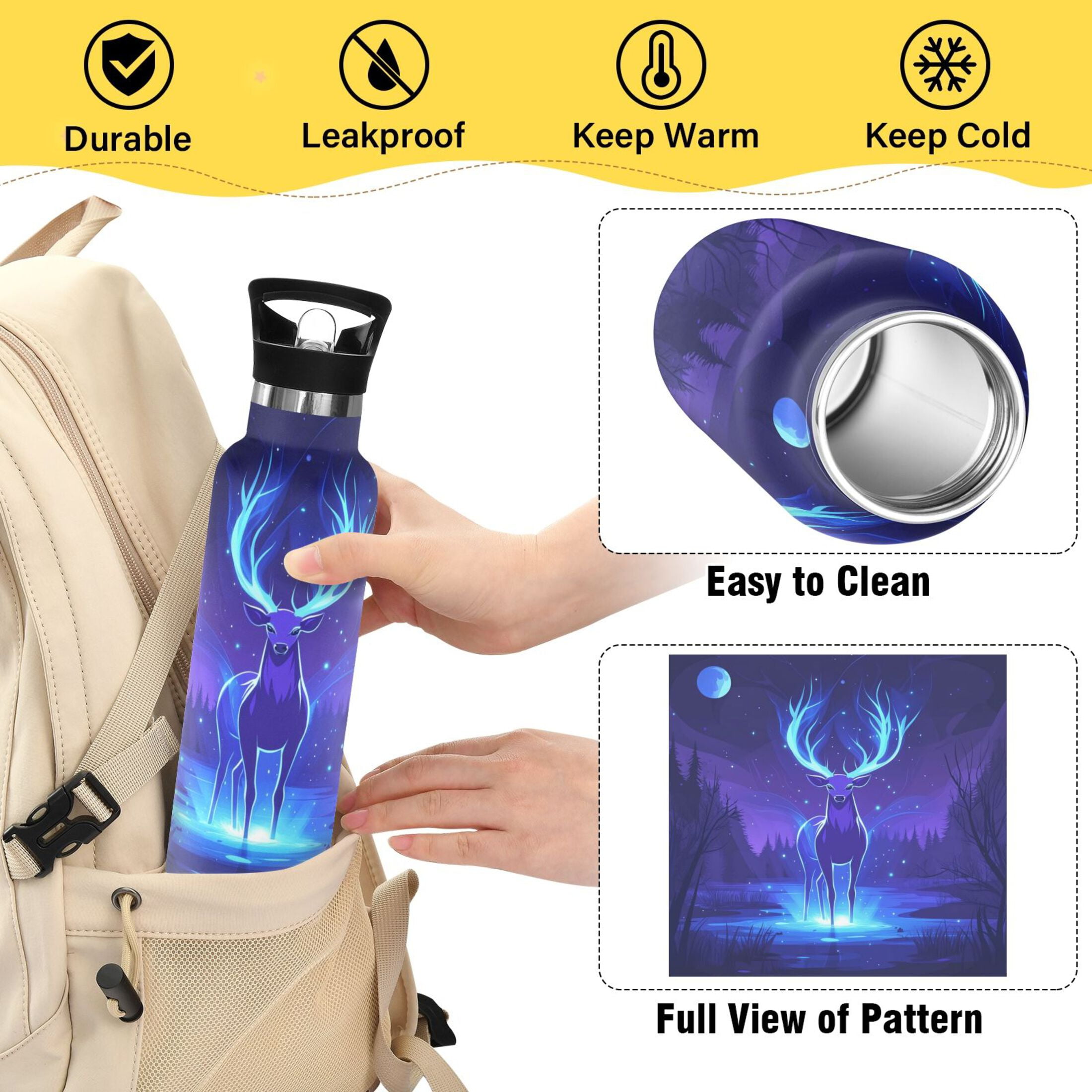 600ML Stainless Steel Insulated Cup Sports Water Bottle Portable Thermos Cup Water Glasses Insulated Tumblers Convenient and Durable Purple Elk