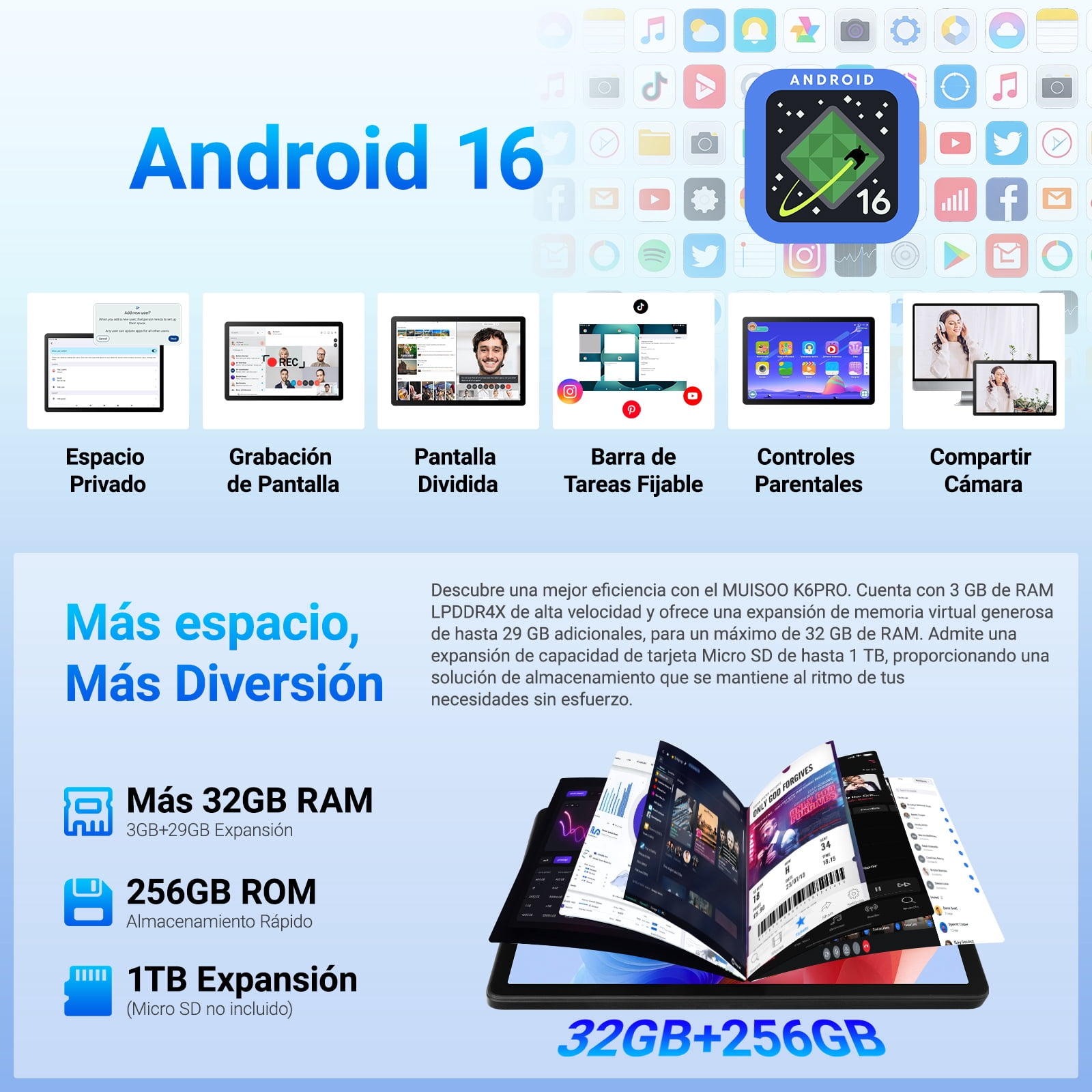 2026 Android 16 Tablet 11inch, Face Unlock, 32GB+256GB+1TB Expand, Octa-core CPU, 7800mAh Large Battery, WiFi6, Touchscreen Display, Widevine L1,Black