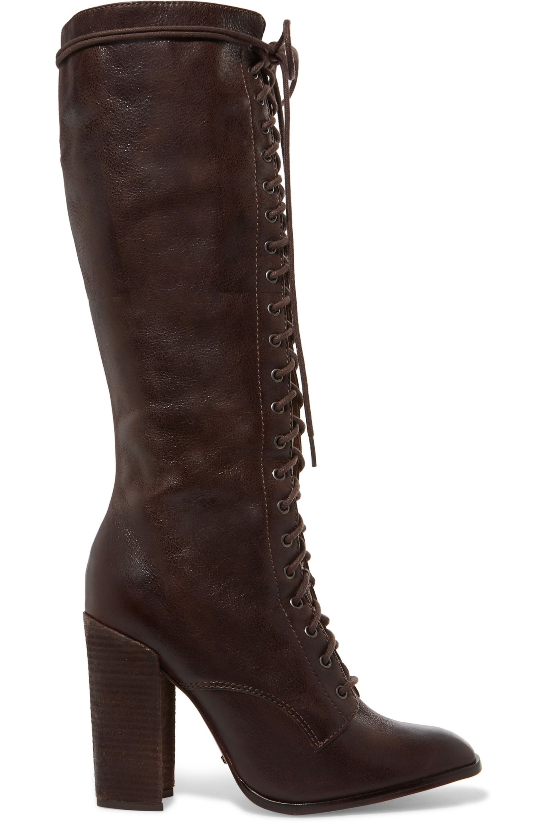 Schutz Shoes - Schutz Cola Brown Leather Lace Up Knee High Block Heel Combat Dress Boot (8.5