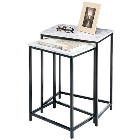 mDesign Modern Home Decor  Metal Wood End Table - Marble/Black