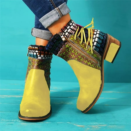 

jsaierl Women s Vintage Splicing Round Toe Square Heel Boots Thick Heel Short Shoes