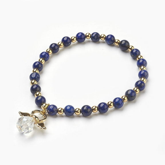 Natural Lazuli(Dyed) Beads Stretch Charm Bracelets with Brass and Alloy Findings Angel