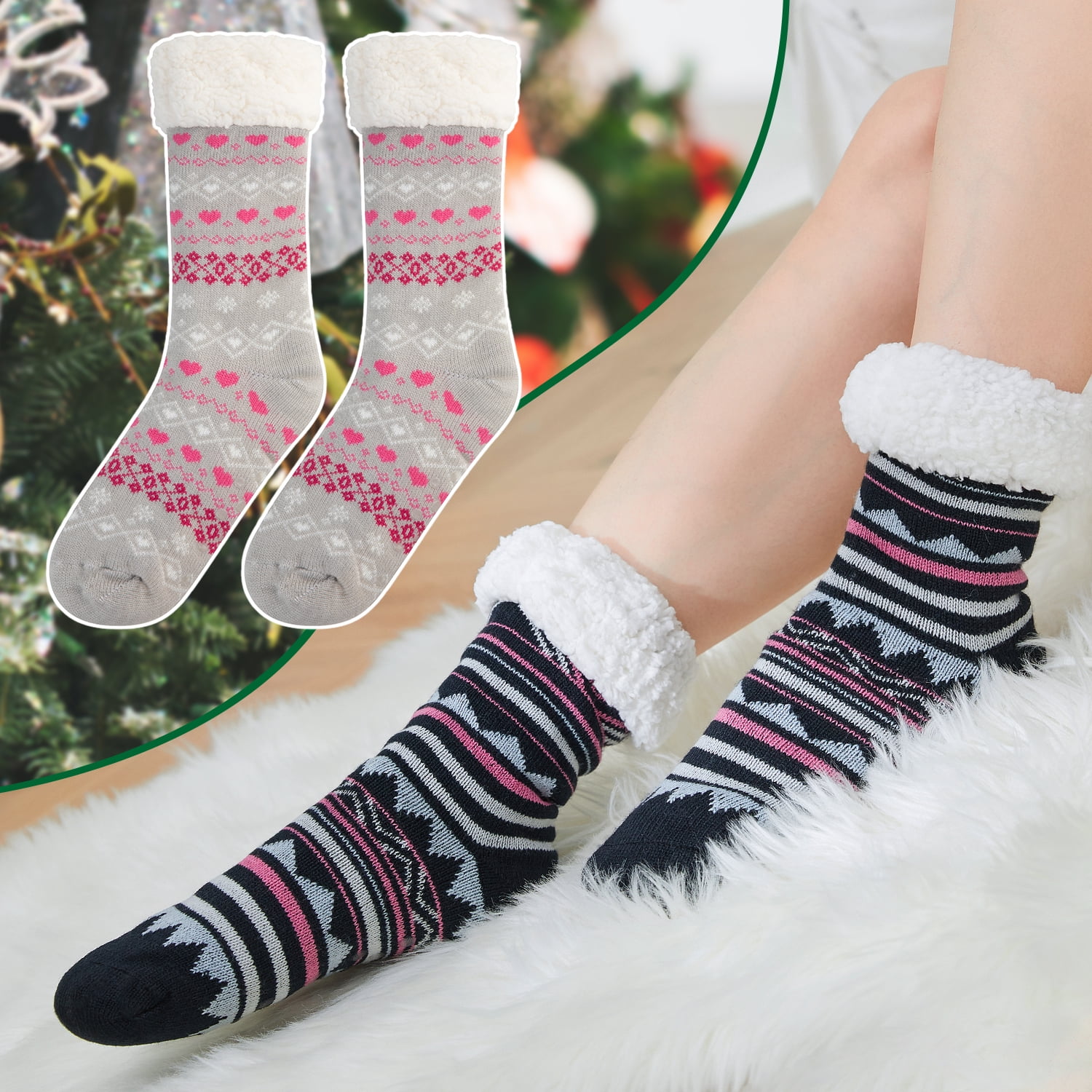 Treehouse Knit (2 Pack) Colorful Womens Thick Knit Winter Sherpa Fleece  Slipper Socks Grippers 