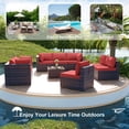 thumbnail image 5 of ALAULM 9 Pieces Patio Conversation Furniture Set Outdoor Sectional Sofa Sets W/Cushions Brown PE Rattan, Red, 5 of 7