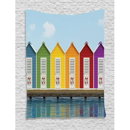 Landscape Tapestry, Image of Colorful Beach Cabins on an Old Wooden Pier by Sea Summer Beach House, Wall Hanging for Bedroom Living Room Dorm Decor, Multicolor, by