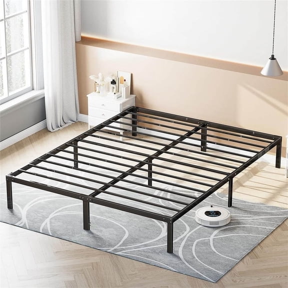 Queen Size Bed Frame, Metal Platform Frames No Box Spring Needed, 14 Inches High, Sturdy Steel Slat Support, Easy Assembly, Black