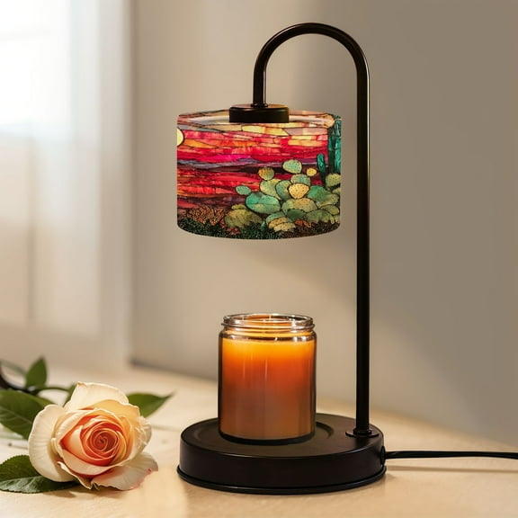 Candle Warmer Lamp with Timer, Handcrafted Stained Glass Sunset Scene Bold Colors Non-slip Wireless Remote Control Wax Melts Warmer with 4 Bulbs for Home Office Dorm, Birthday Gifts for Women