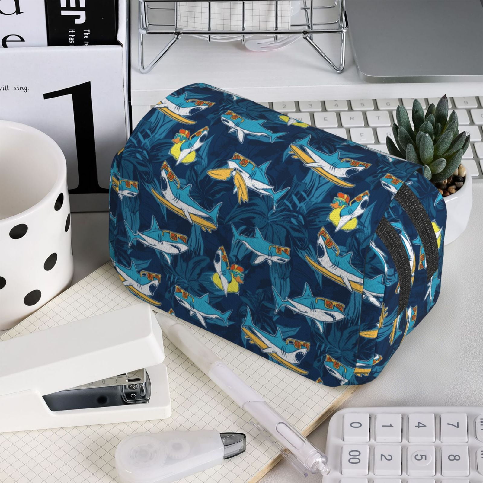 Rateoe Cartoon Surfer Sharks Pattern Double Clamshell Pen Case, Storage Organizer with Two Zipper Compartments– Holds Up to 50 Pencils & Pens