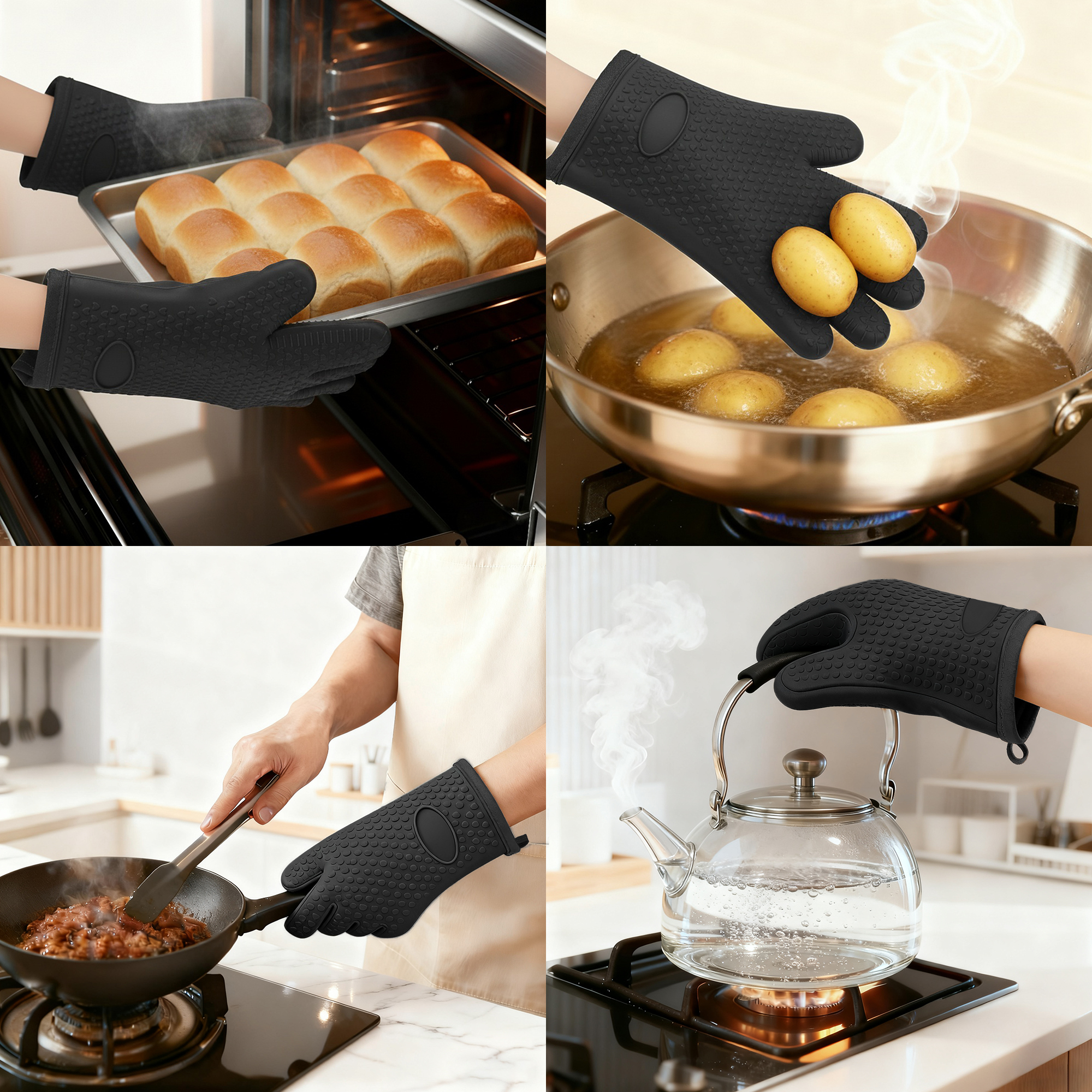 Unique Bargains 2pcs Silicone Heat-Resistant and Waterproof Oven Mitts Black 10.8" x 8.1"
