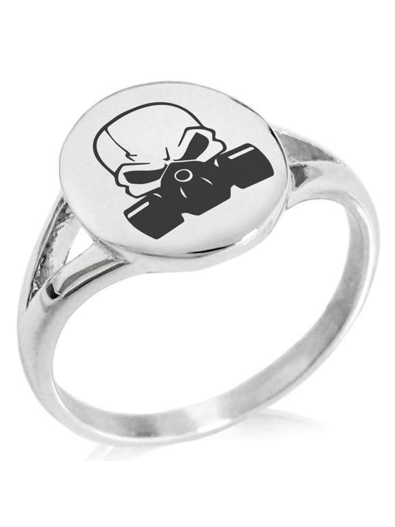 Stainless Steel Biohazard Death Skull Minimalist Oval Top Polished Statement Signet Ring