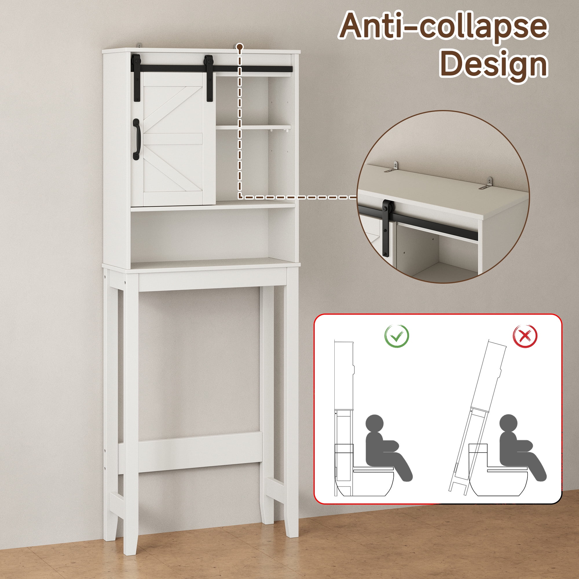 Over the Toilet Storage Cabinet, White Bathroom Shelf Organizer with Adjustable Shelf, Sliding Barn Door, Anti-Tipping Design, Waterproof for Bathroom/Laundry Room Organization