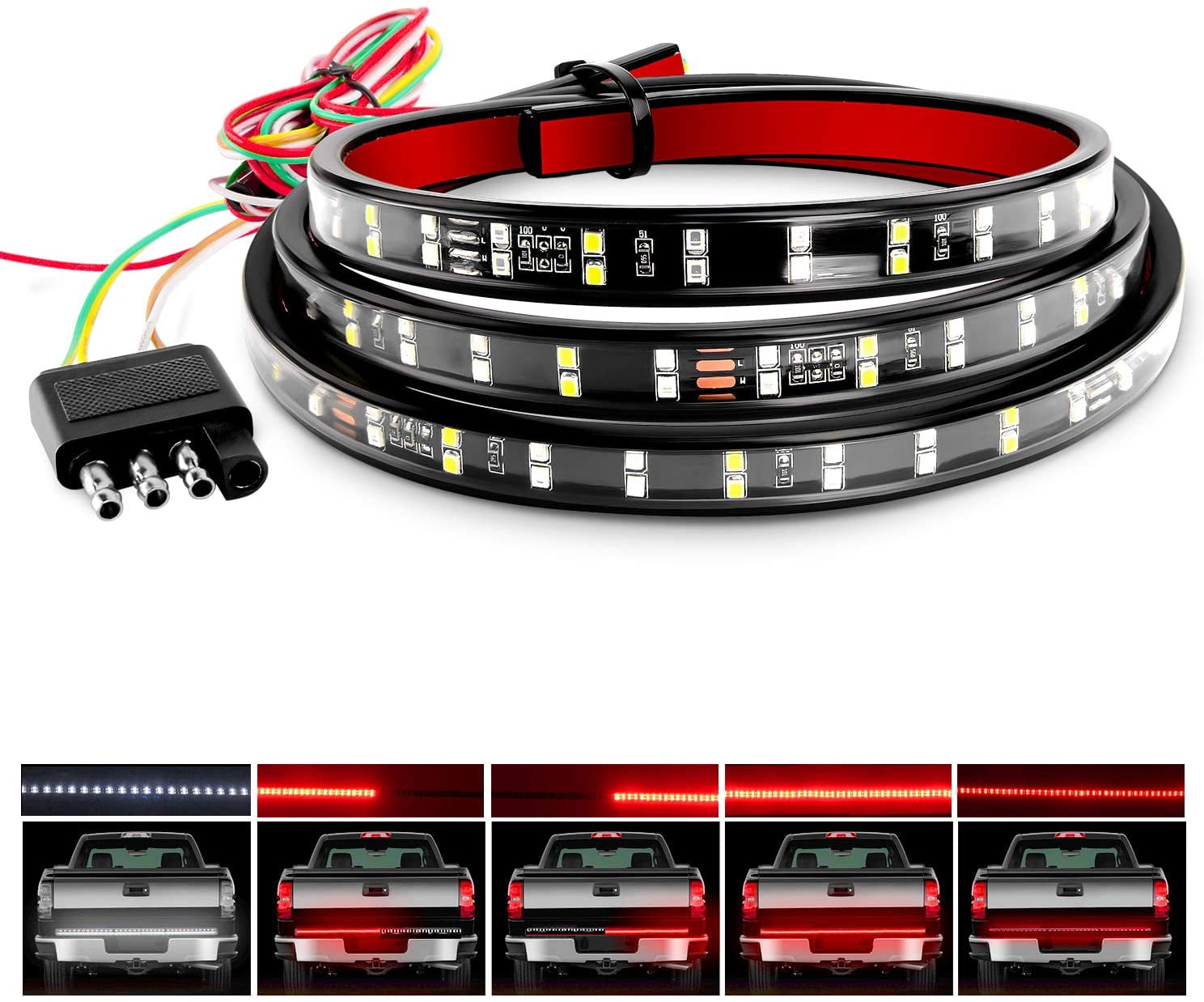 Truck Tailgate Bar 60" Triple Row LED Strip with Red Brake White