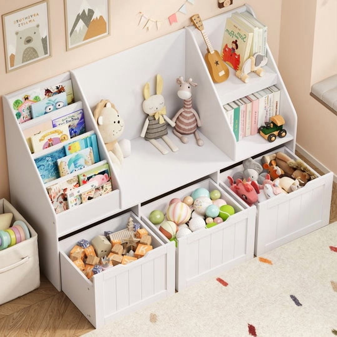 Aiho 48"Kids Bookshelf, Toy Storage Organizer with 3 Drawers on wheels & 4-Tier Book Racks, Toy Storage Organizer for Playroom Bedroom - White