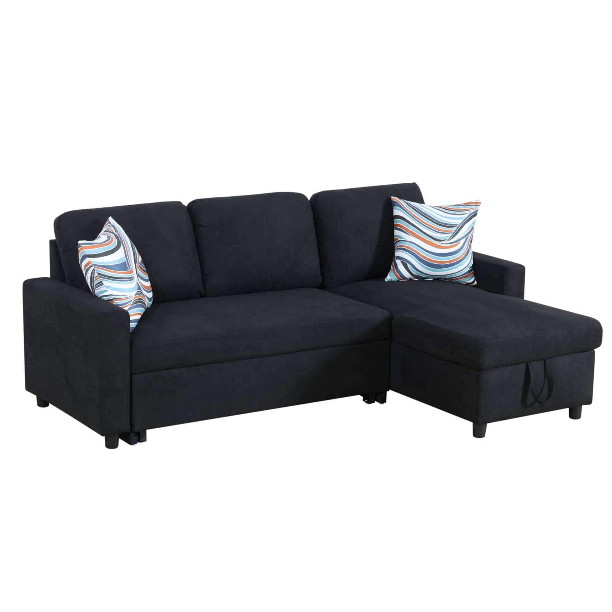 Pull Out Sofa Bed with Storage Chaise, L Shape Sectional Couch Bed Sleeper Sofa with 2 Pillows for Living Room, Black