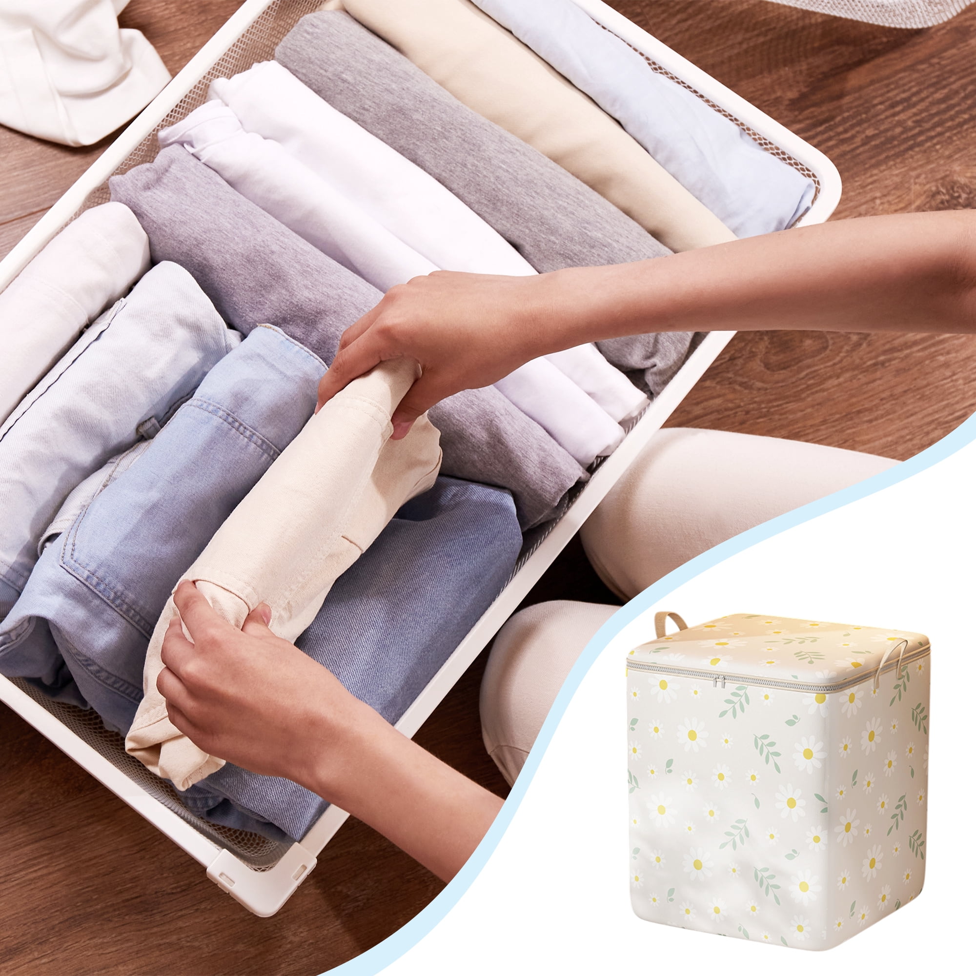 Unique Bargains Daisies Pattern Storage Bag Storage Bins 1 Pc Beige 19.69"x15.75"x19.69"