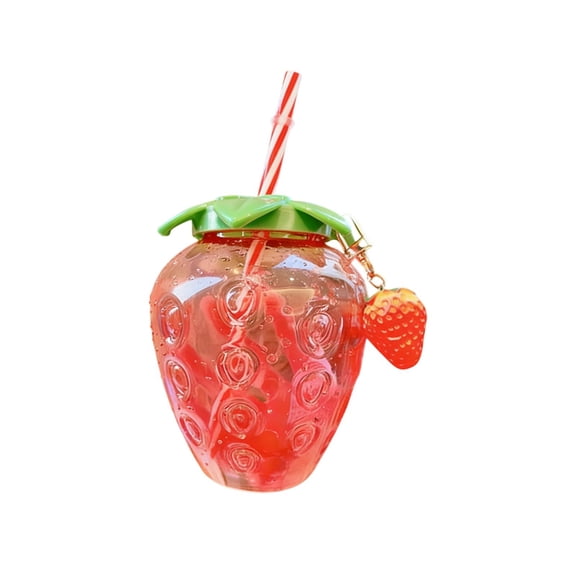 YAMB Cute Strawberry Shaped Cups, Toddler Drinking Cups with Lid, Cups with Straws and Strawberry Pendant, Fruit Shape Milk Tea Juice Water Cup for Home Office Travel, Red