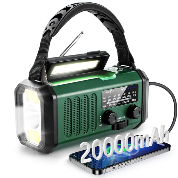 Radio de emergencia, manivela solar, batería 20000mAh, alerta NOAA, linterna LED, brújula, carga móvil, exterior