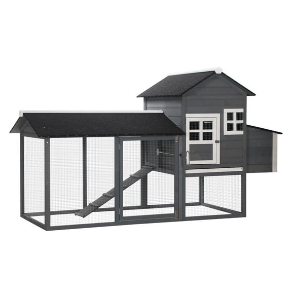 84" Wooden Chicken Coop - Poultry Hen House with Run, Nesting Box & Perches - Large Outdoor Chicken Cage - Gray