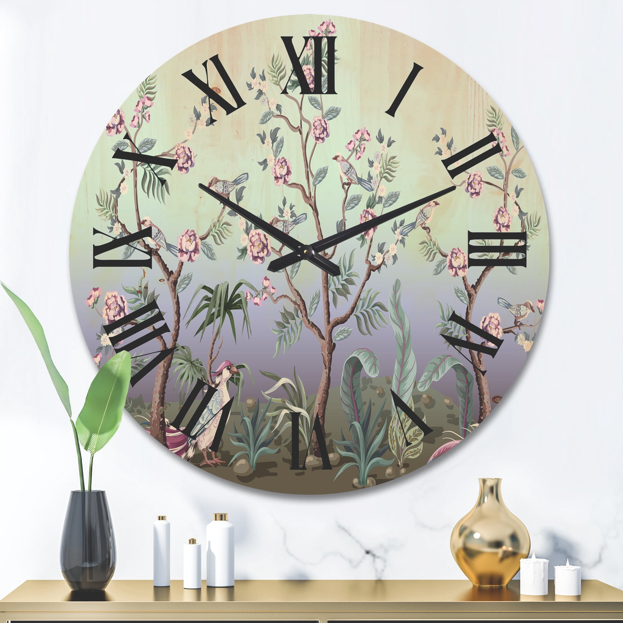 Designart 'Chinoiserie With Peonies and Birds II' Traditional Wood Wall Clock