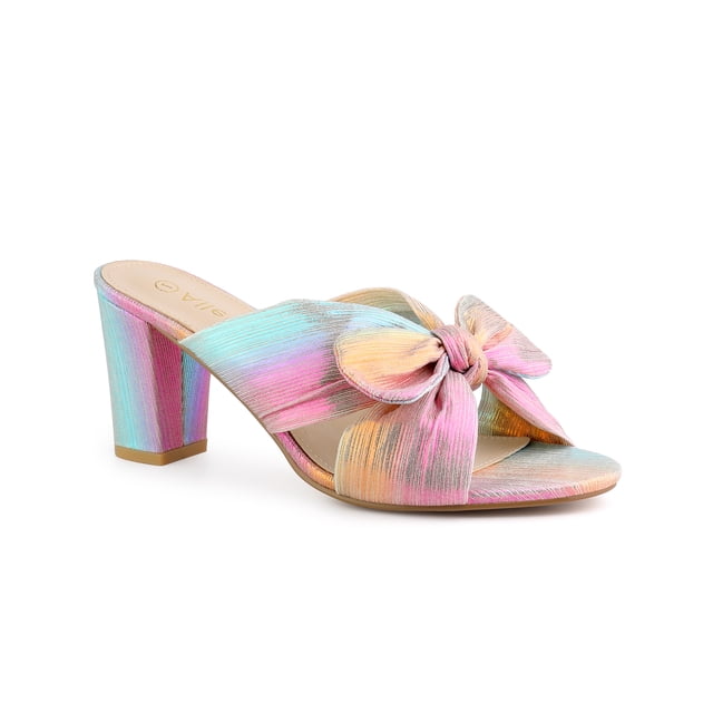 BLISSFUL STEP Sandales à Talon Épais à Enfiler pour Femmes avec Nœud Colorées Argent 7