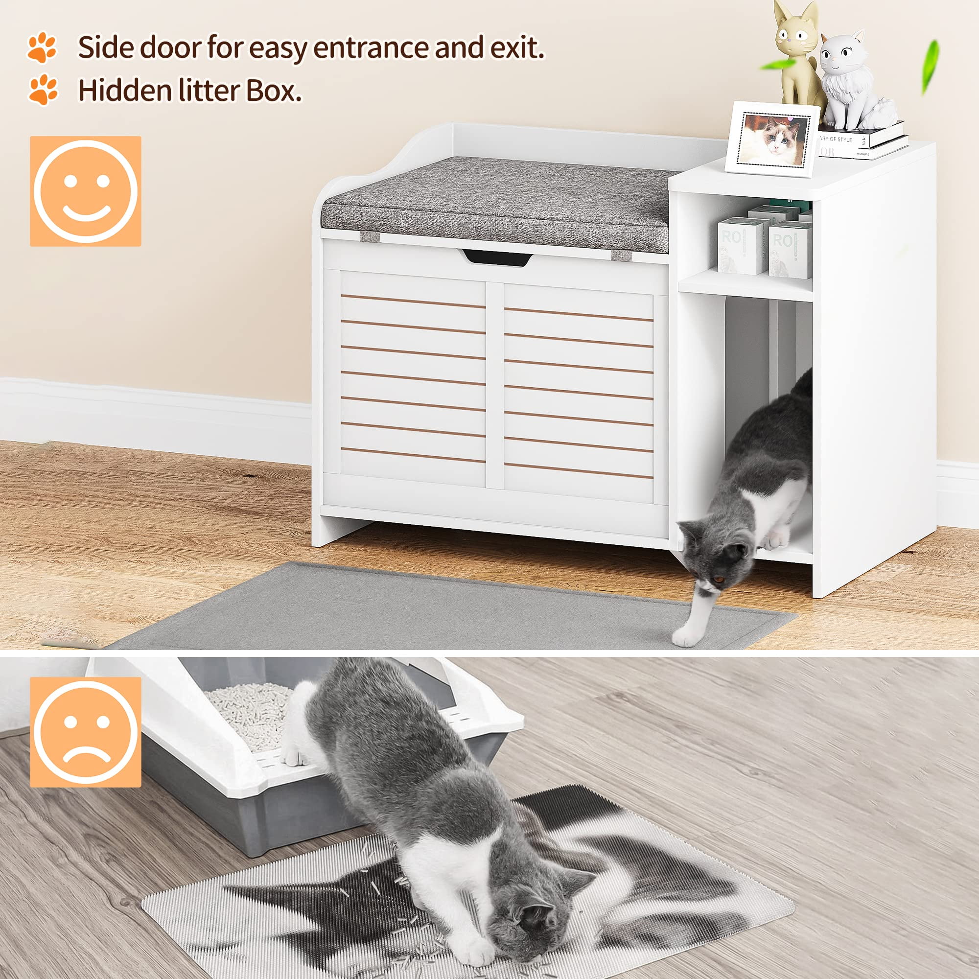 Cat Litter Box Furniture, Hidden Cat Litter Box Cabinet with Top Opening and Cushion, Privacy Cat Litter Box Enclosure with Storage, Litter Box Enclosure Furniture