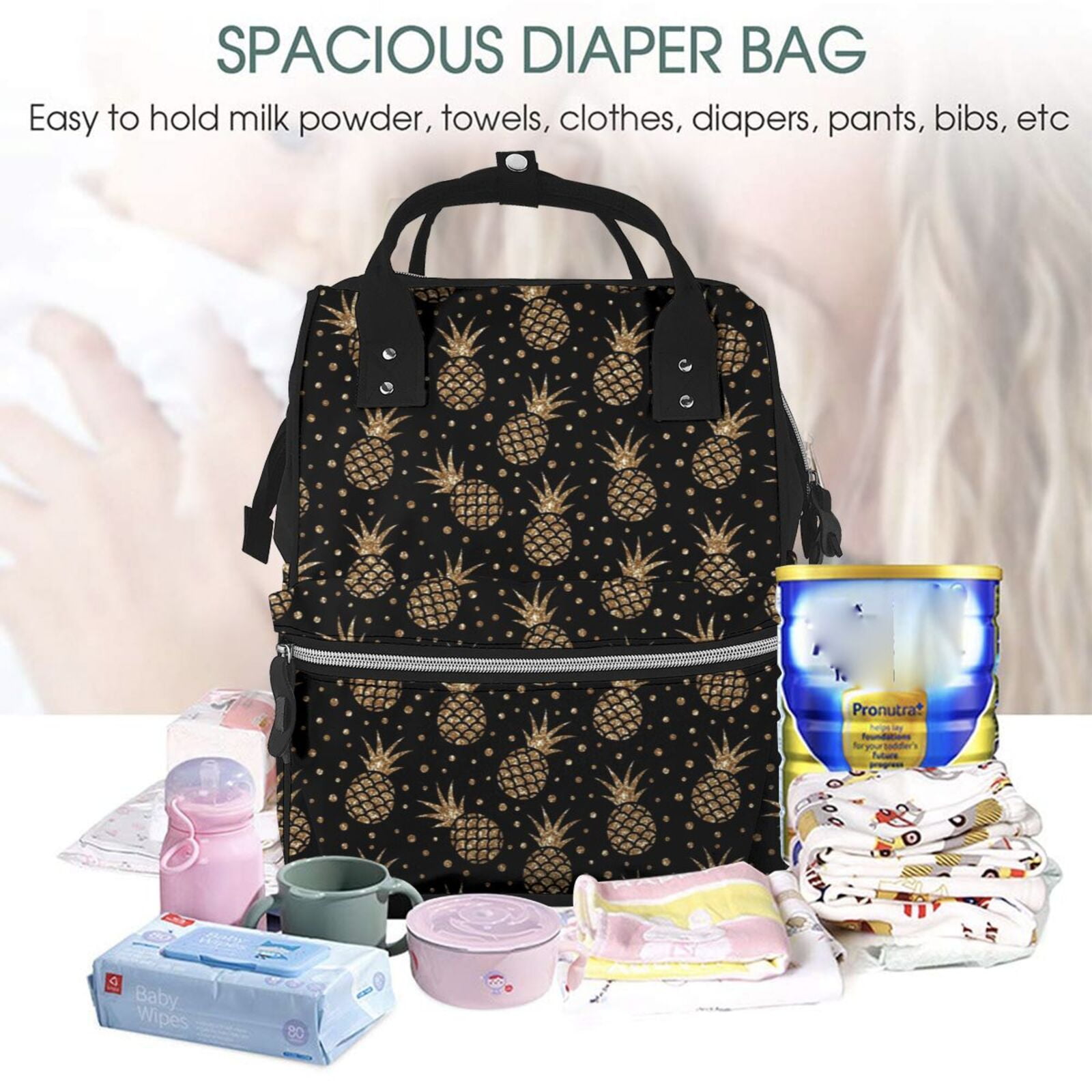 Ratiio Gold Glitter Pineapples Mummy Backpack - Waterproof Twill Canvas, Large Capacity Diaper Bag with Multiple Pockets and Adjustable Straps