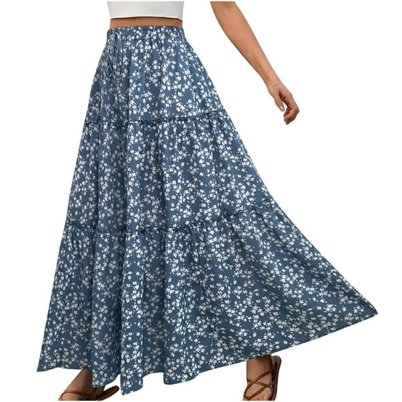 Akafmk Plus Size Womens Skirts,Long Skirts for Women Maxi Boho Skirt,Floral Print Elastic High Waist Tiered Skirts Loose Fitting Vacation Beach Long Skirts
